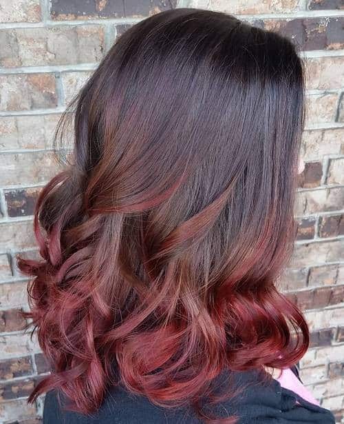 Black to Red Long Bob with Curled Ends – Ombre Hairstyle for Medium Hair