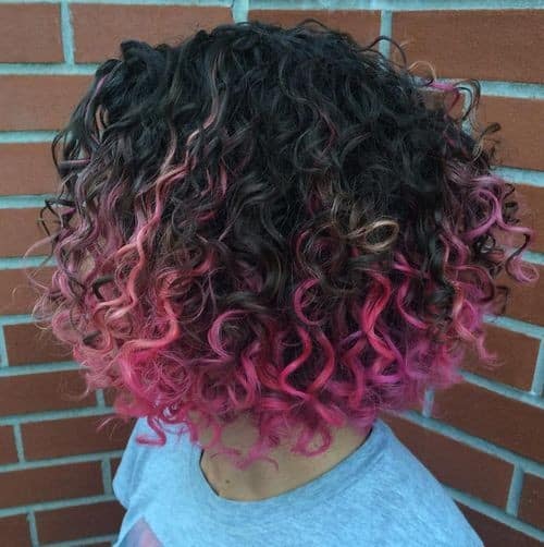 Chocolate Brown to Pink Corkscrew Curly bob hairstyle