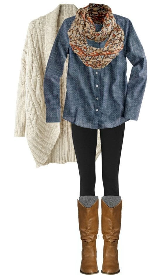 Button down shirt, cable knit cardigan and riding boots