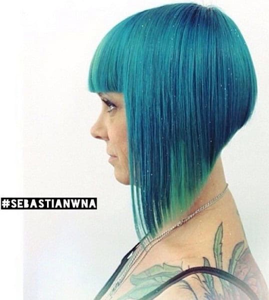 Green straight A-line bob with blunt bangs