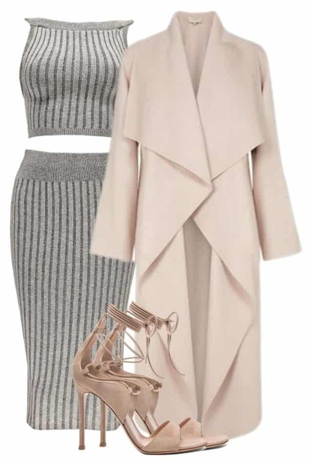 Knit ribbed two-piece dress and cashmere coat