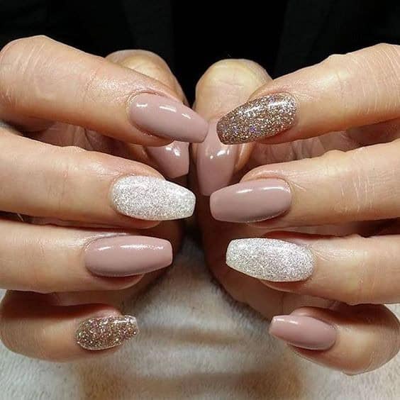 nude/pink and silver square oval acrylic nails