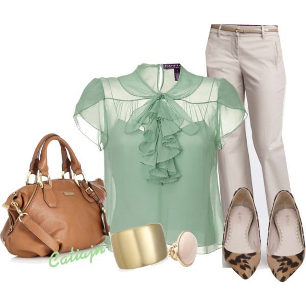 Sheer limpet shell blouse and taupe slacks