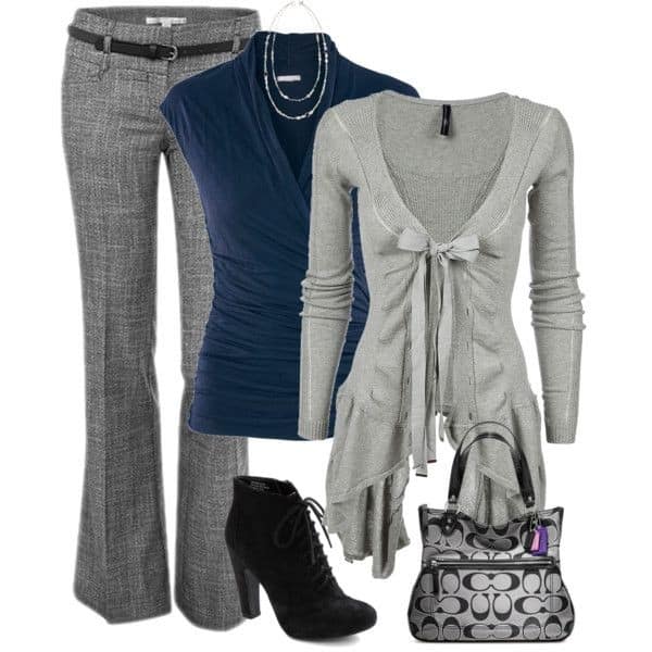 Stormy weather slacks and cardigan with navy blue top