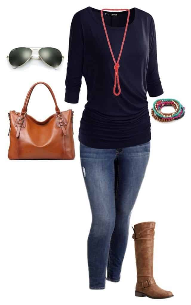 Navy blue long sleeve and brown boots (and purse)