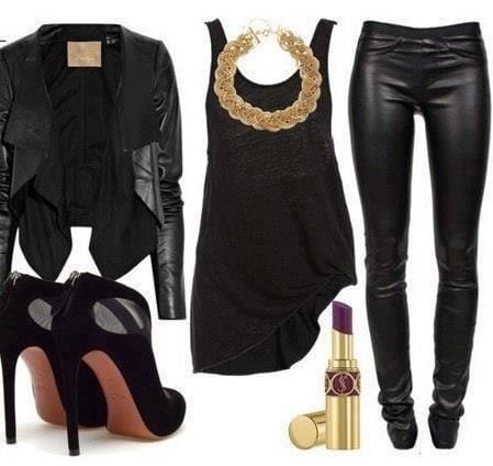 Black long tank, black leather pants and black jacket