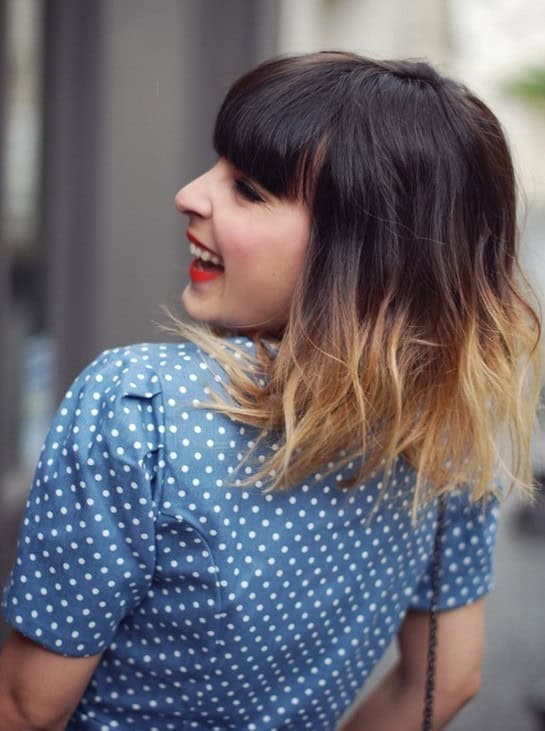 Dark brown and dirty blonde messy ombre with bangs