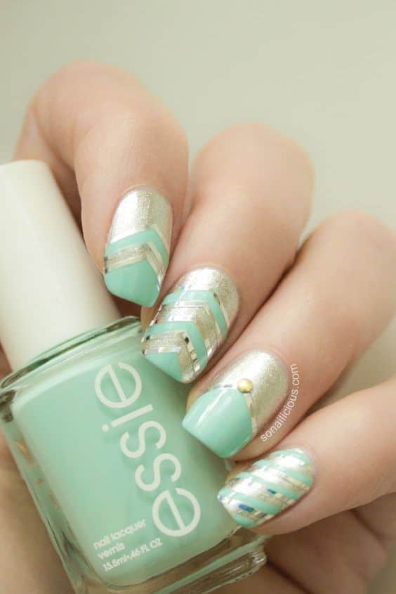 Golden and Mint Nail Design