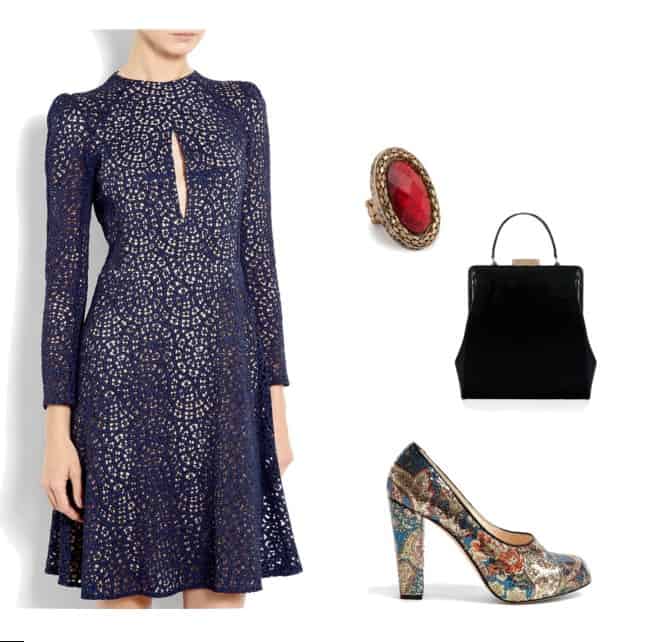 Navy and gold dress with oriental print pumps