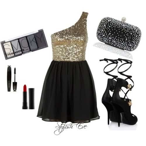 One-shoulder sequin top, flare mini skirt and beaded clutch