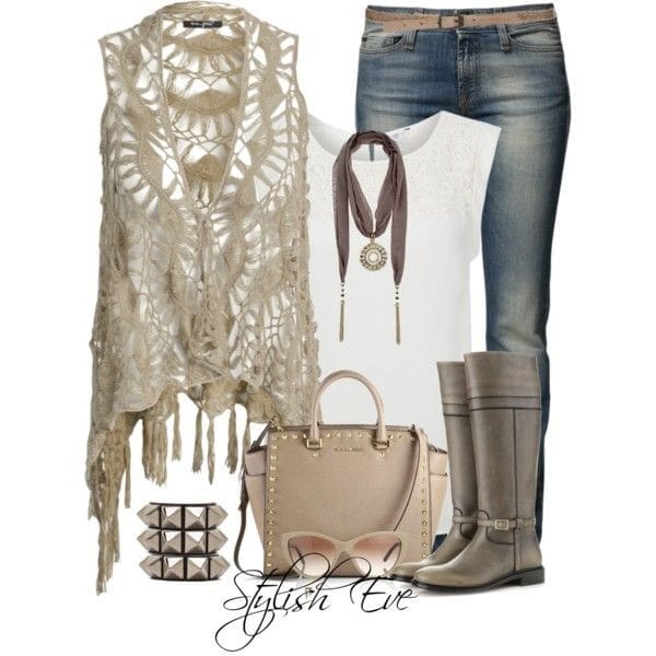 Crochet vest, white tank and jeans