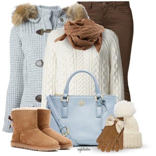 Fall Outfit Ideas: White cable knit sweater, chocolate skinny jeans and baby blue coat