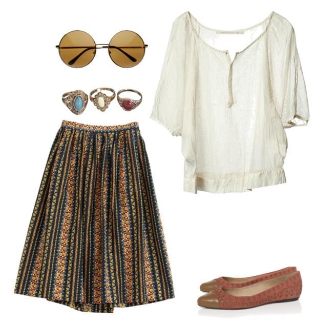 White blouse and printed pleated skirt