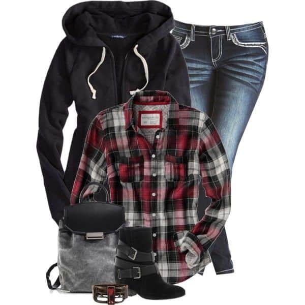 Plaid shirt, hoodie and backpack