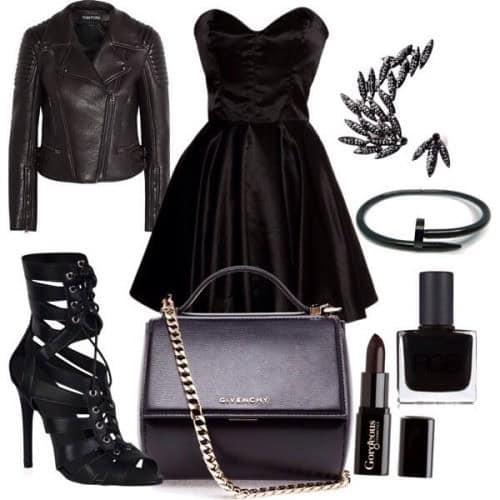 Black strapless satin dress and leather jacket