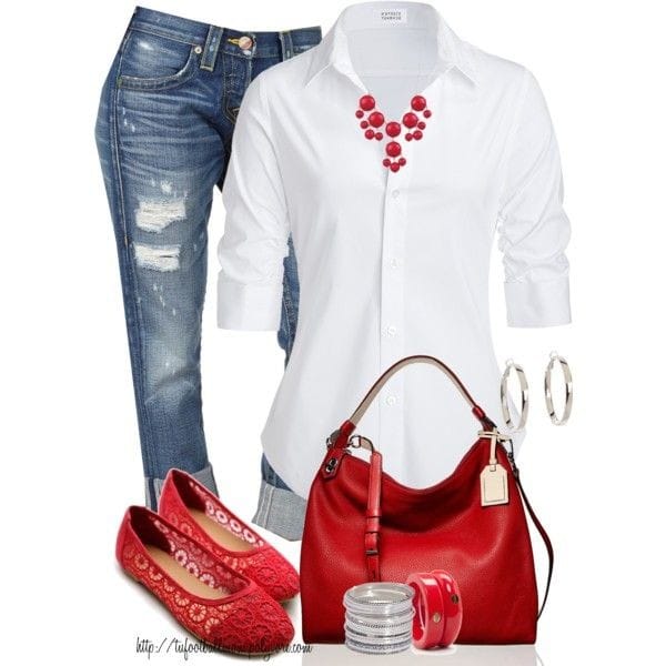 White shirt, distressed jeans and red flats