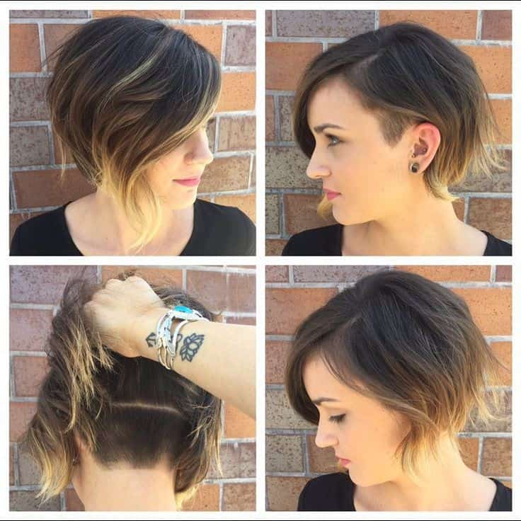 Short asymmetrical bob with blonde tips and shaved back