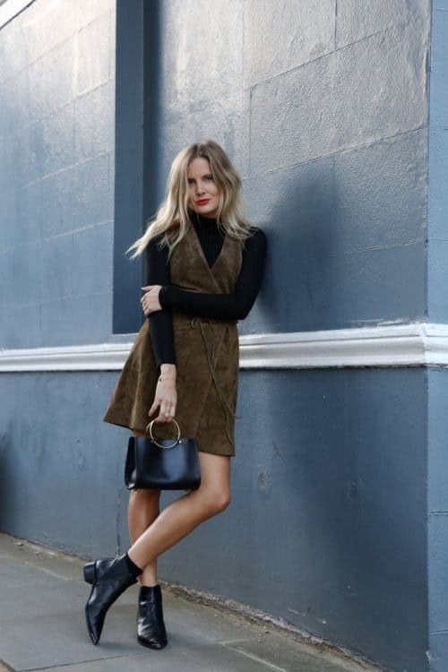 Suede sleeveless wrap dress