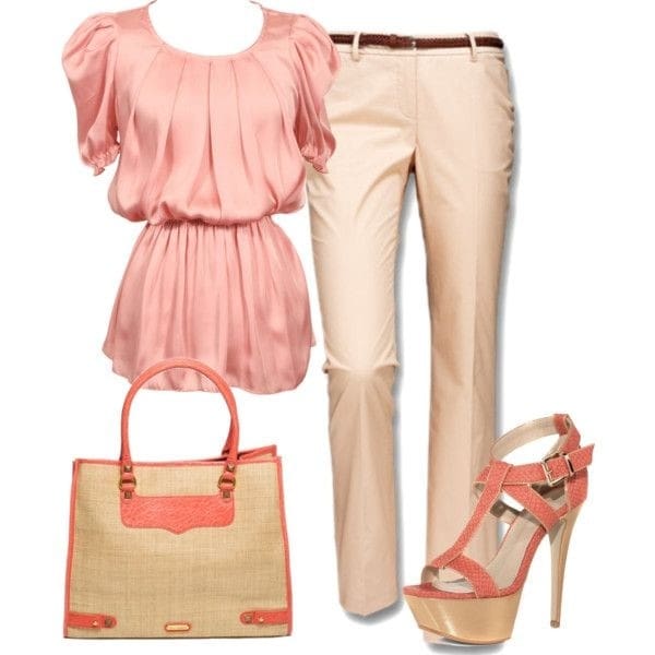 Peach pleated top and off-white slacks