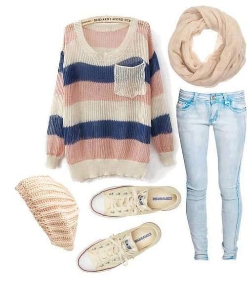 Striped sweater and light pink infinity scarf and Converse