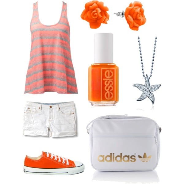 Orange striped tank and white shorts and orange sneakers