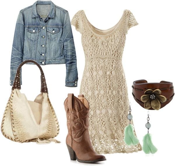 Crochet dress, denim jacket and cowboy boots