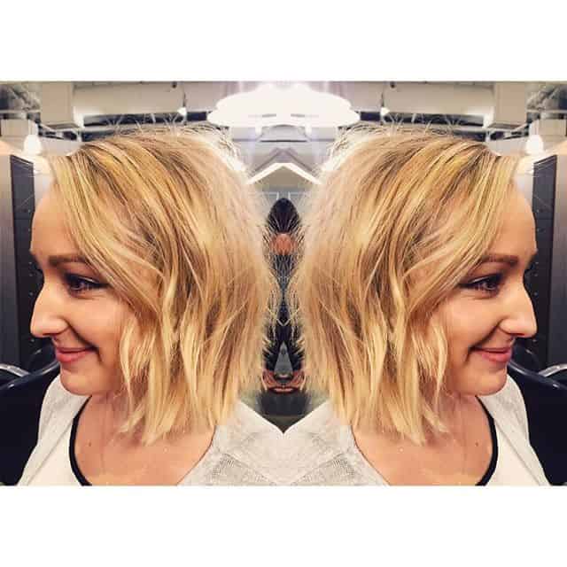 “Messy” buttery blonde shorter choppy bob for wavy hair