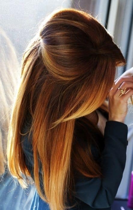 Long dark brown hair with blonde highlights