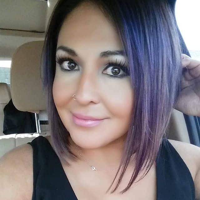 Angled bob with low lights (purple bob cut)