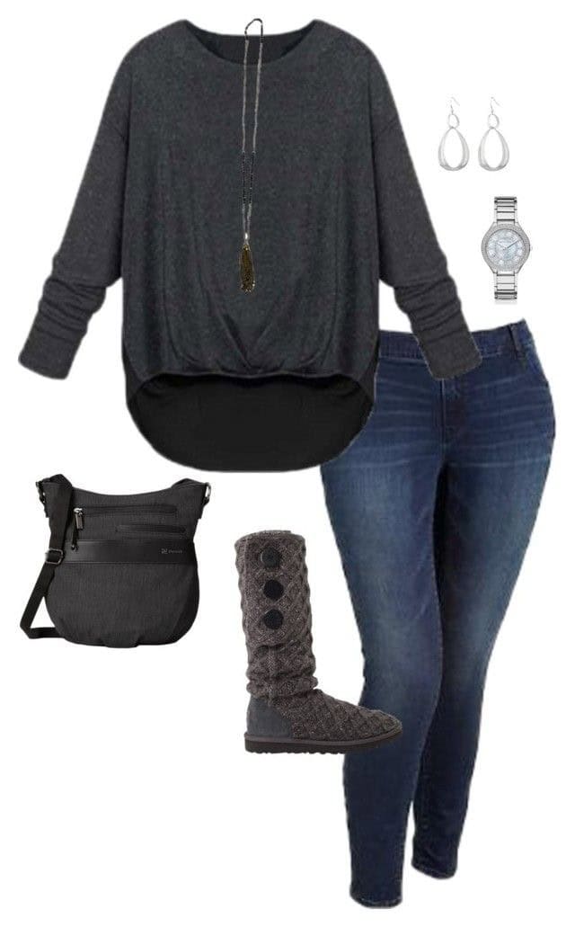 Dark grey long sleeve top and knit calf boots