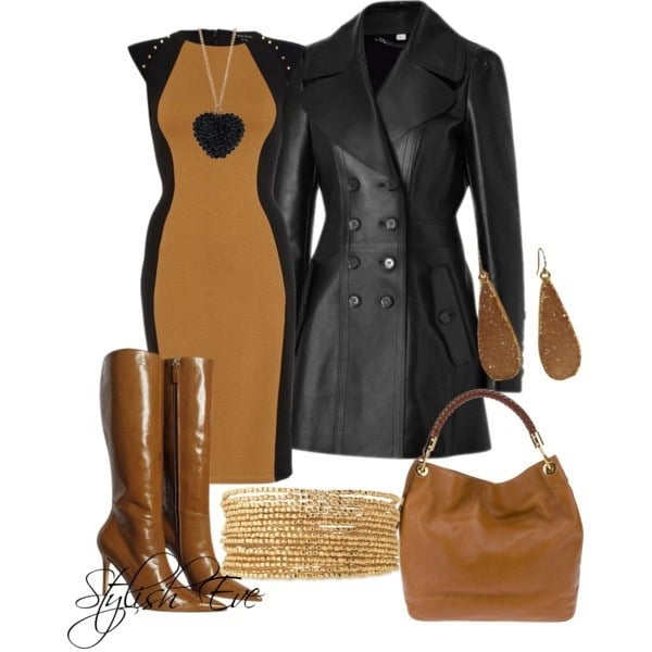 Brown leather and maroon turtleneck sweater dress