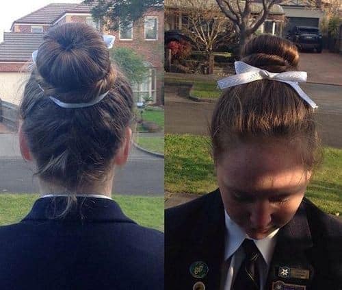 “Ballet bun” with French braid up the back (and bow)