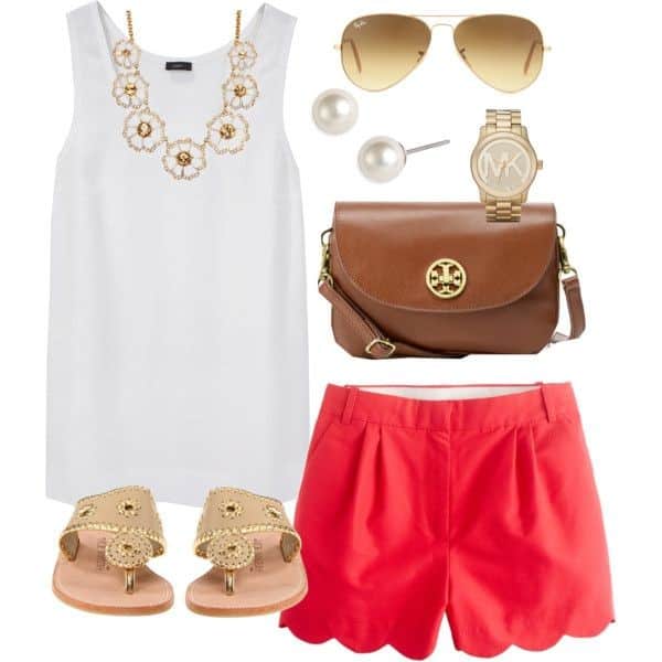 White tank with red shorts and gold sandals