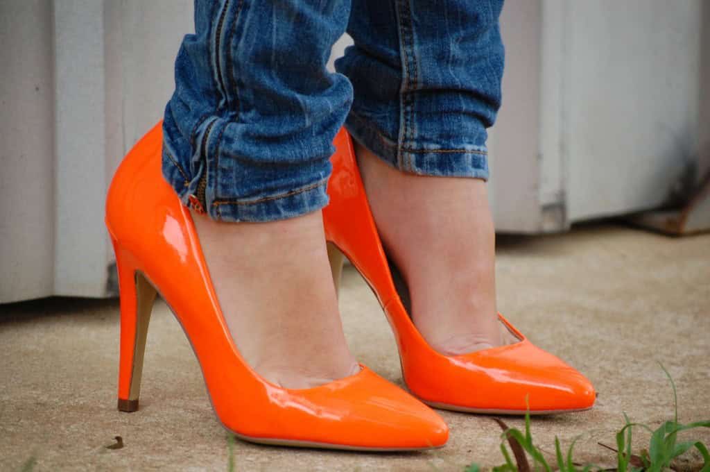 Orange patent leather pumps