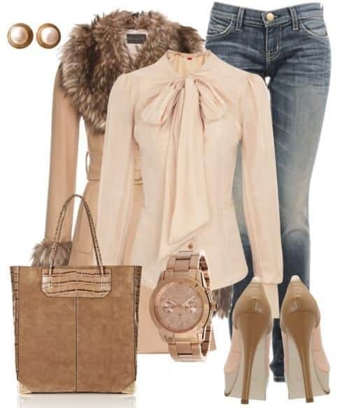 Dressy blouse and two-tone pumps with feather color coat