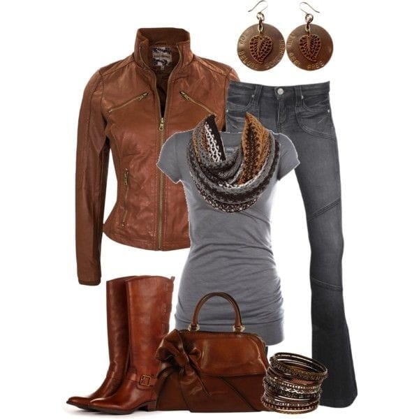 Winter Outfit Ideas – Cognac leather jacket, grey T-shirt and jeans