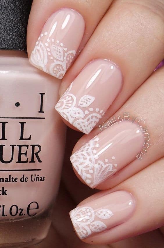 Pretty Pink Nails with White Floral Patterns