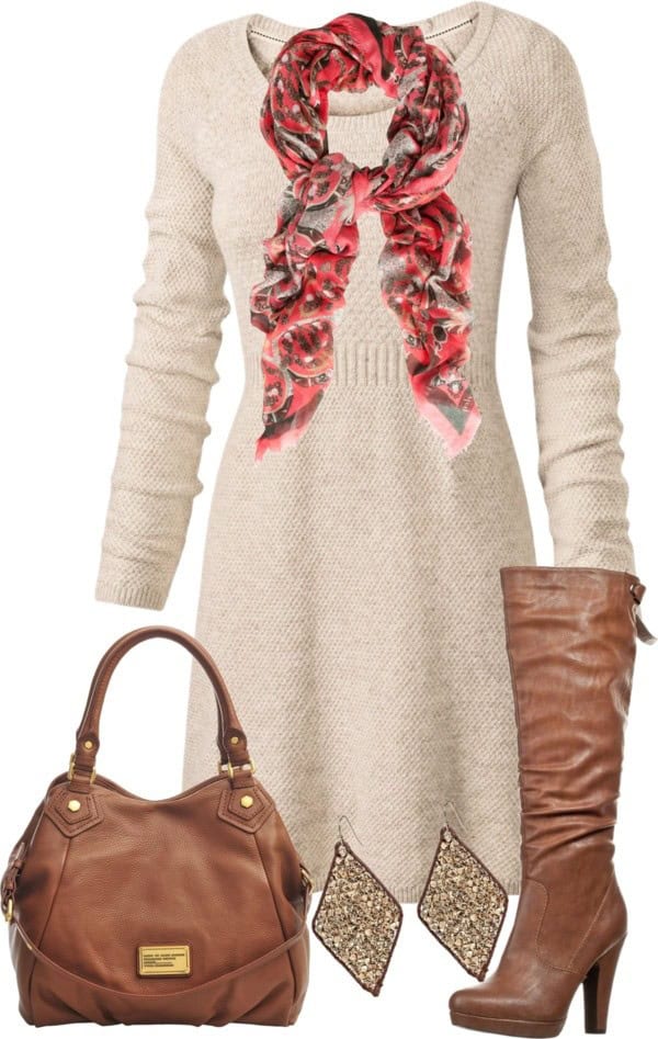 Taupe sweater dress with brown accessories (and a pop of color)