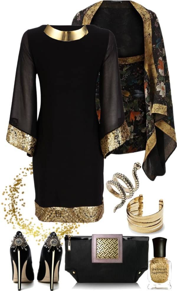 Black dress with bell sleeves, kimono cover-up and clutch