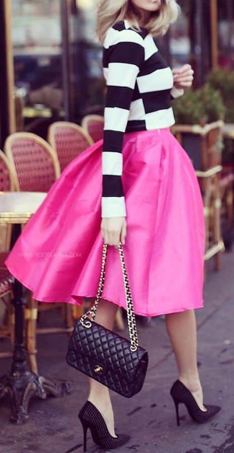 Bright Pink Skirt with Stripes Crop Top