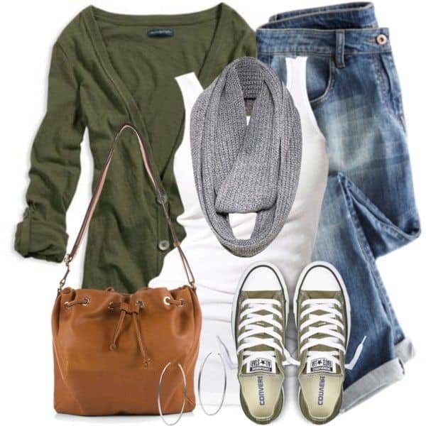 Polyvore outfit Ideas for Fall – Olive cardigan, white tank and blue jeans