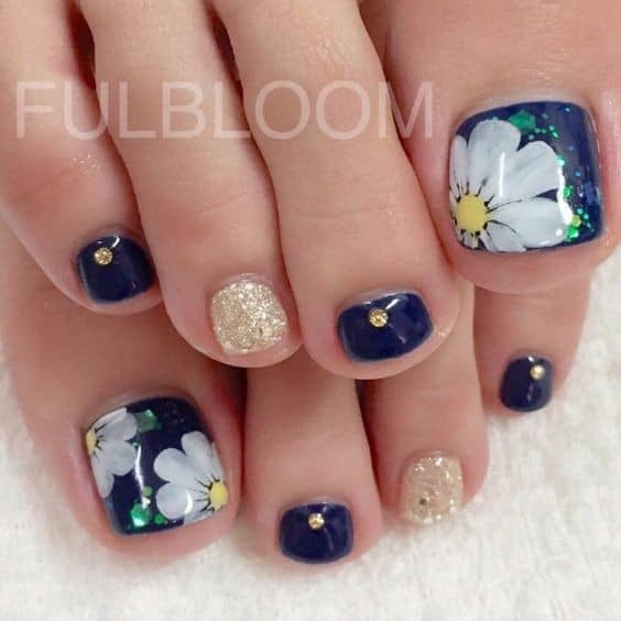 Blue and Gold Toe Nails with Floral Design