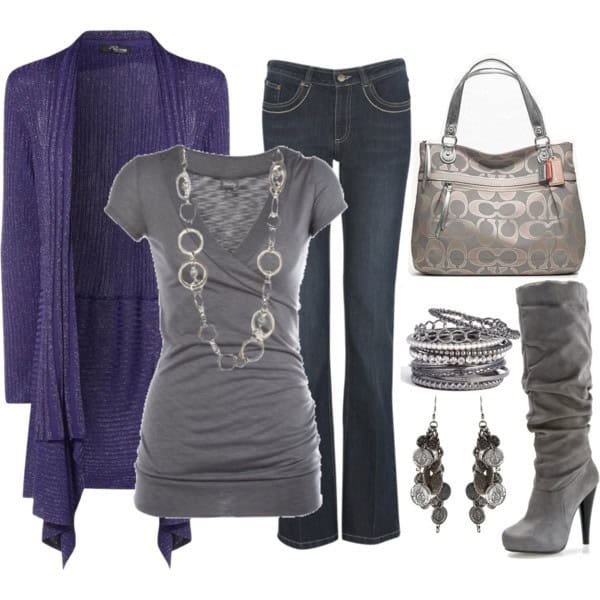 Polyvore outfits for Fall – Violet cardigan with grey fitted T-shirt and flare jeans