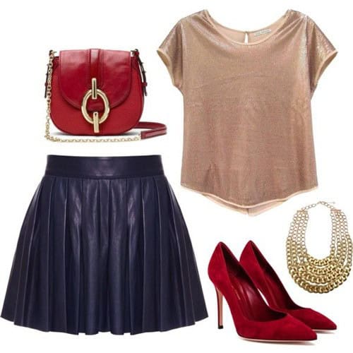 T-shirt and pleated leather mini skirt