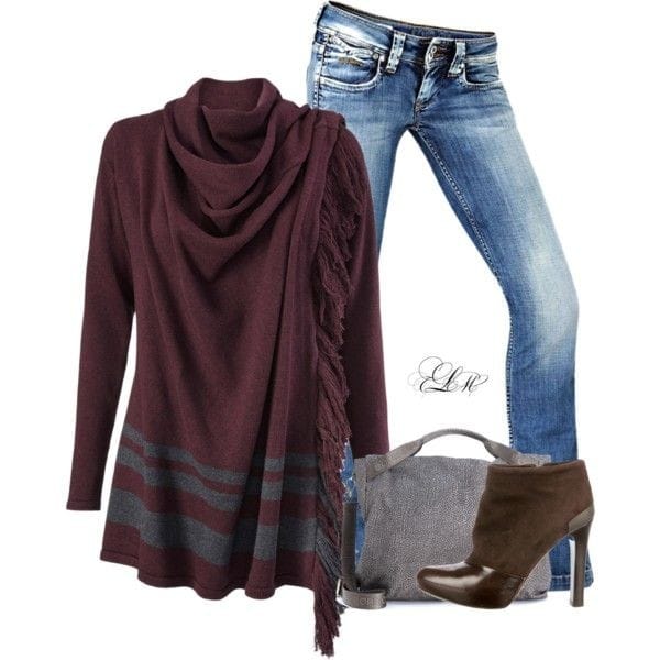 Fringe sweater jacket and high heel anklet boots