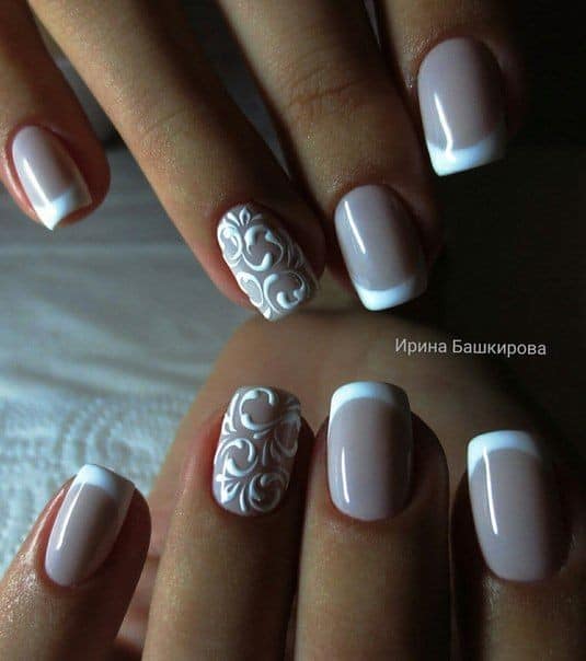 French Manicure with Patterned Accent Nail