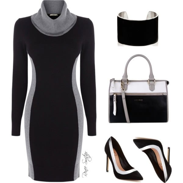 Fitted two-tone dress and matching pumps