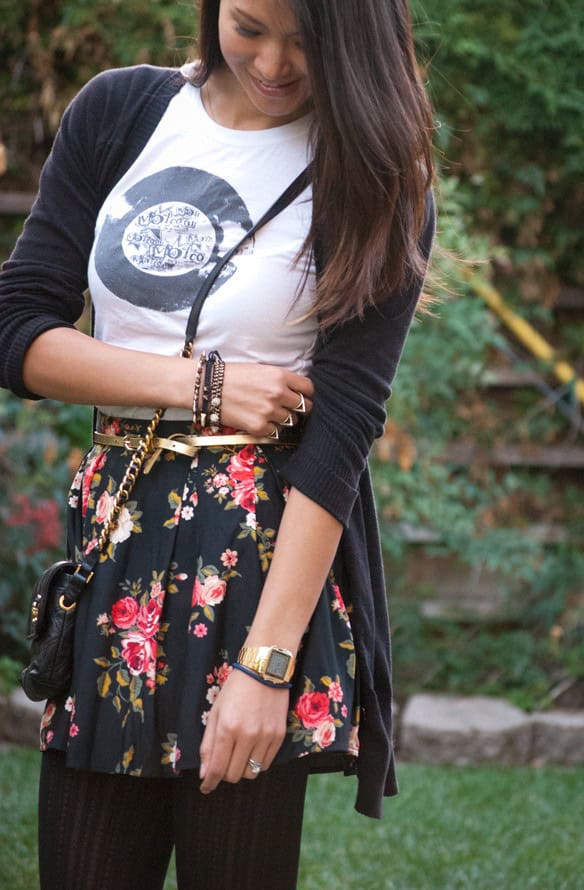 Floral skirt, graphic tee and button down sweater