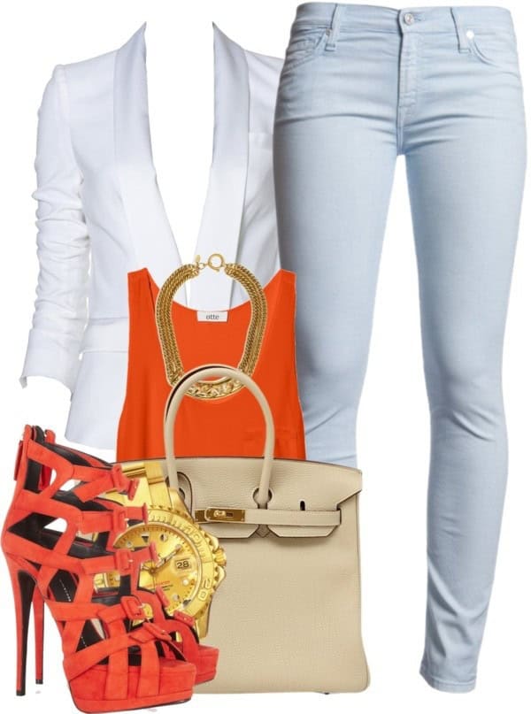 White blazer, matching skinny jeans and an orange tank