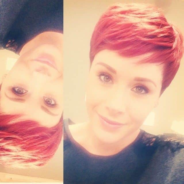 Bright red pixie with semi-short bangs